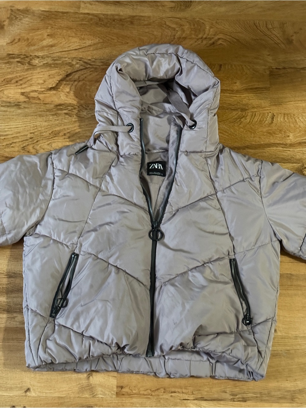 Zara Taupe Quilted Hooded Puffer Jacket